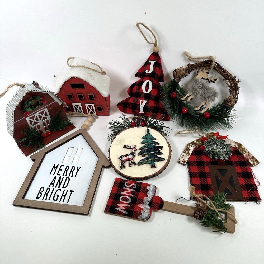 Christmas Plaid Ornaments Lot/Bundle Barns-Reindeer-Trees-Wreath-Holiday